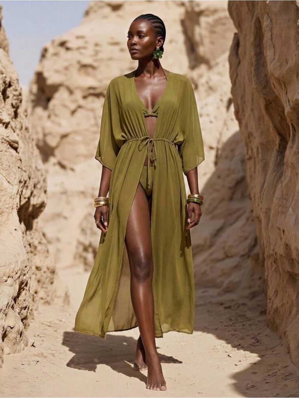 Olive Green Chiffon Maxi kimono Swim Cover Up S Resort Beach vacation flowy
